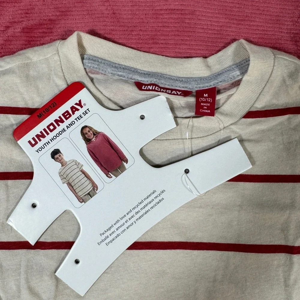 Unionbay Kids Youth Hoodie and Striped Tee Set Pink Cream Red Size M 10/12